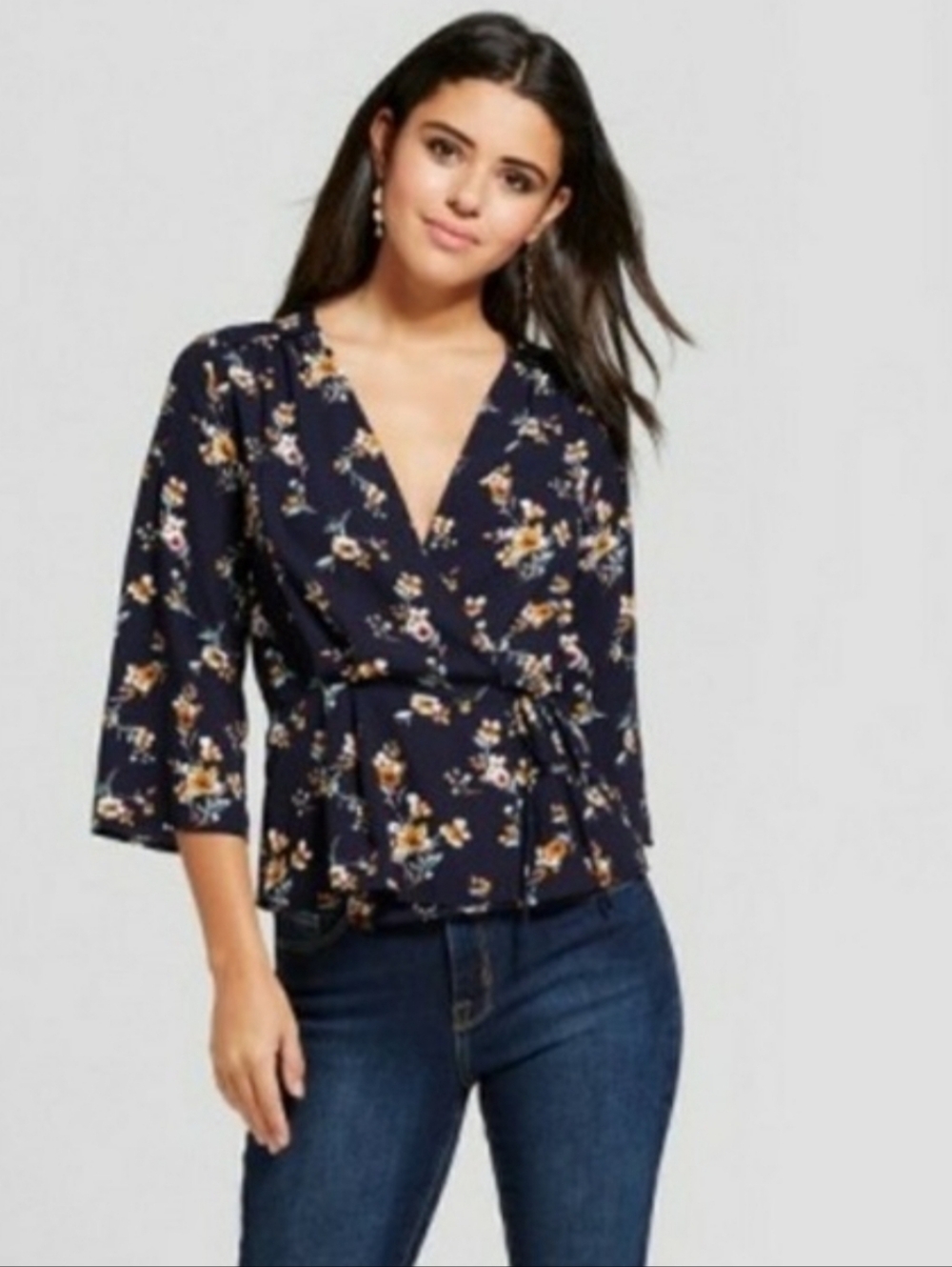 #6049  Xhilaration Navy Floral Wrap Top